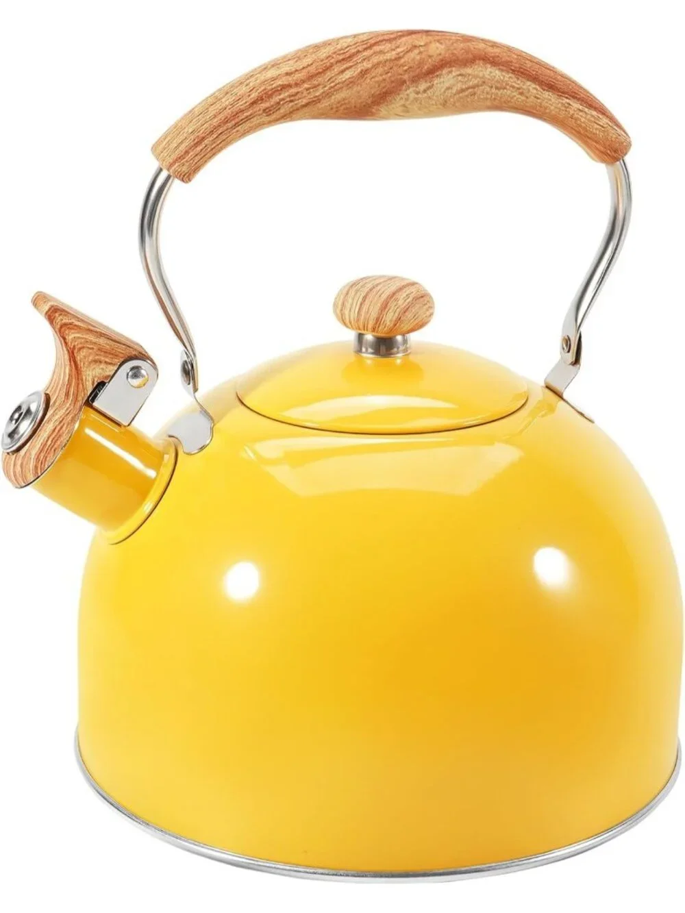 GGC Yellow Stainless Steel Kettles 2.6QT Whistling Stove Top Folding Wood Handle